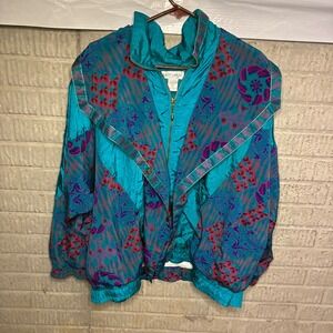 Lady Lavon Windbreaker Jacket Teal Floral Print Women's Size 2X